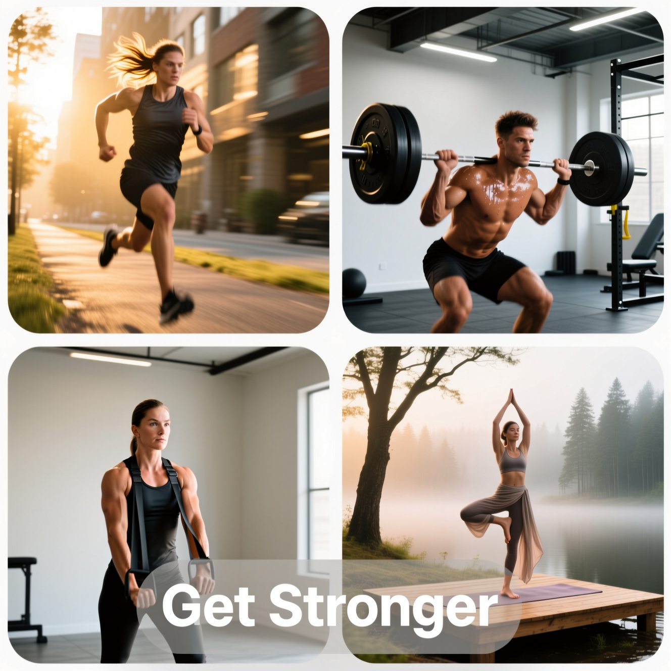 Fitness collage with running, strength training, resistance work, and yoga